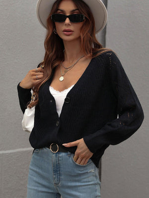 Openwork Plunge Raglan Sleeve Rib Knit Cardigan - MXSTUDIO.COM
