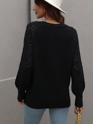 Openwork Plunge Raglan Sleeve Rib Knit Cardigan - MXSTUDIO.COM