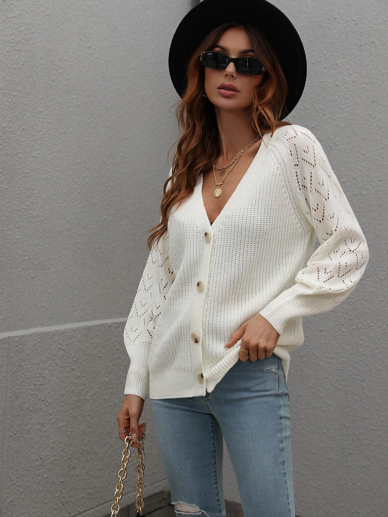 Openwork Plunge Raglan Sleeve Rib Knit Cardigan - MXSTUDIO.COM