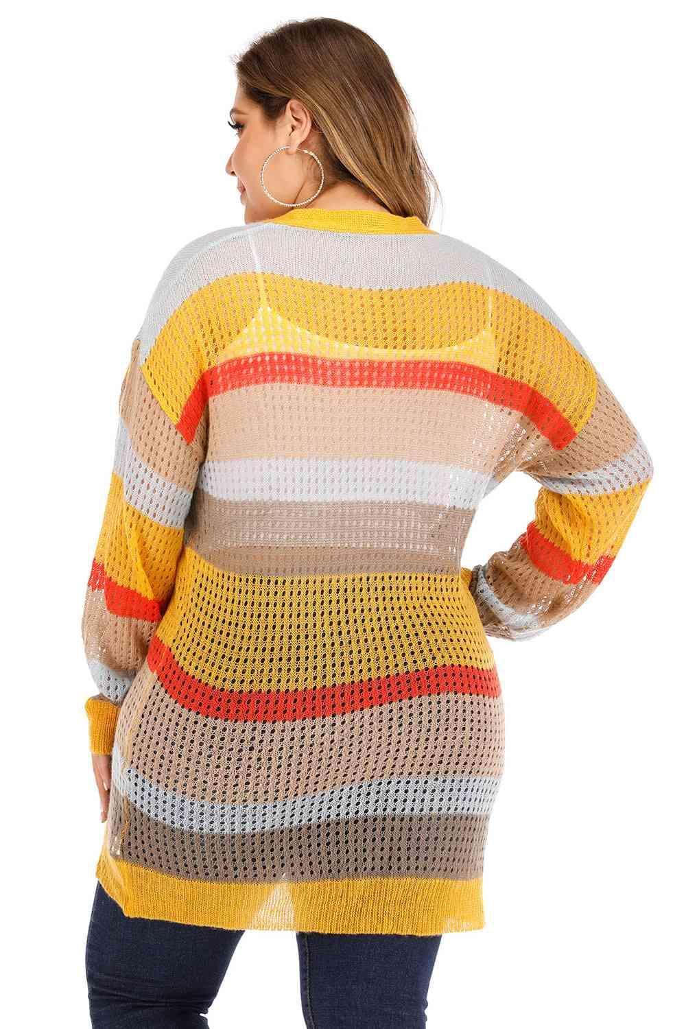 Openwork Plus Size Women's Color Block Cardigan - MXSTUDIO.COM