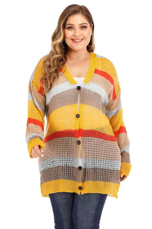 Openwork Plus Size Women's Color Block Cardigan - MXSTUDIO.COM