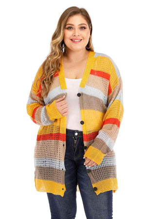 Openwork Plus Size Women's Color Block Cardigan - MXSTUDIO.COM