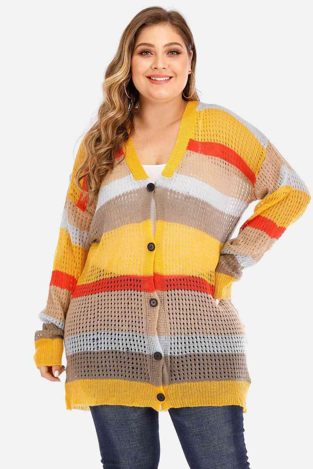 Openwork Plus Size Women's Color Block Cardigan - MXSTUDIO.COM