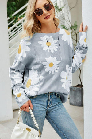 Openwork Round Neck Ribbed Daisy Print Sweater - MXSTUDIO.COM