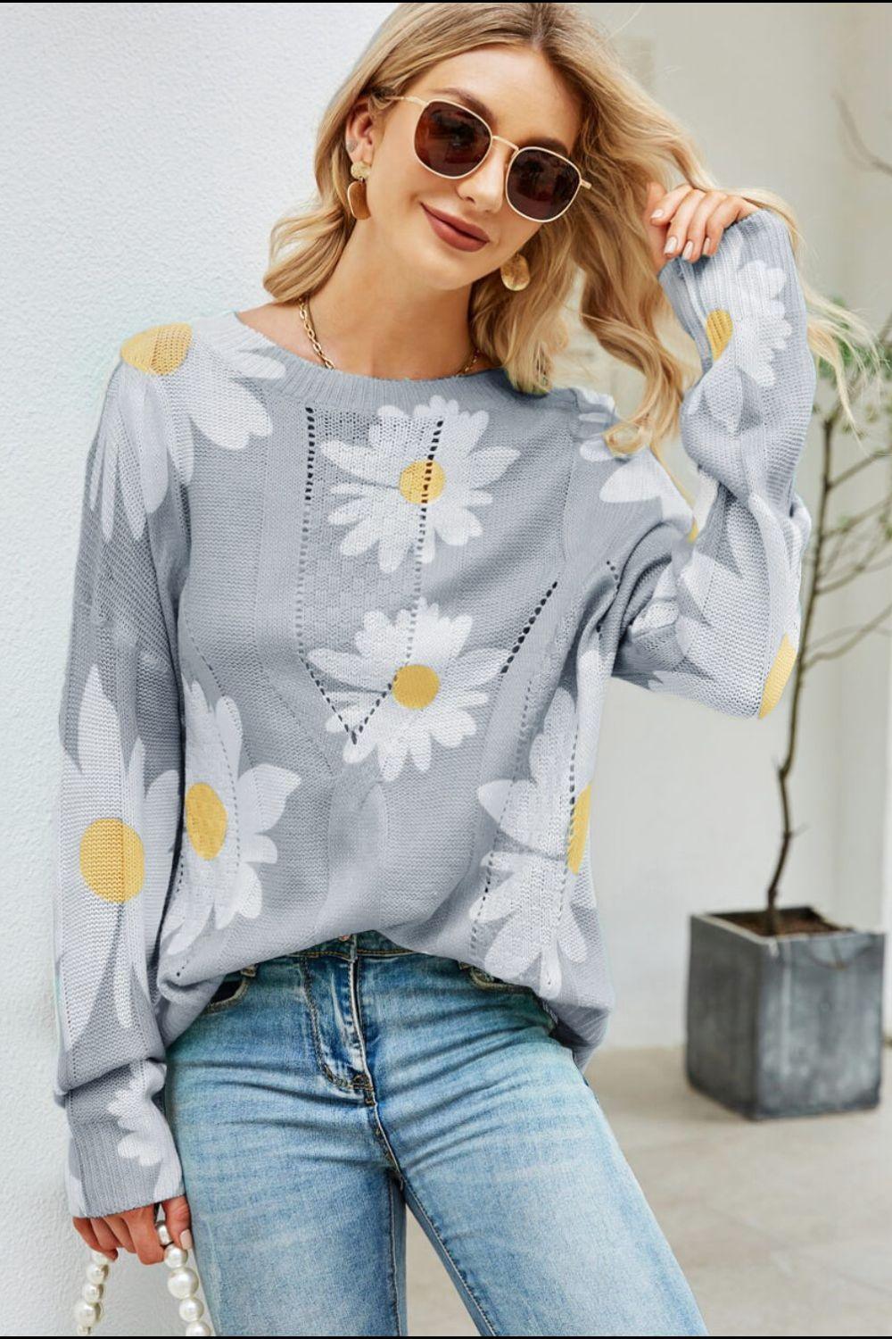 Openwork Round Neck Ribbed Daisy Print Sweater - MXSTUDIO.COM