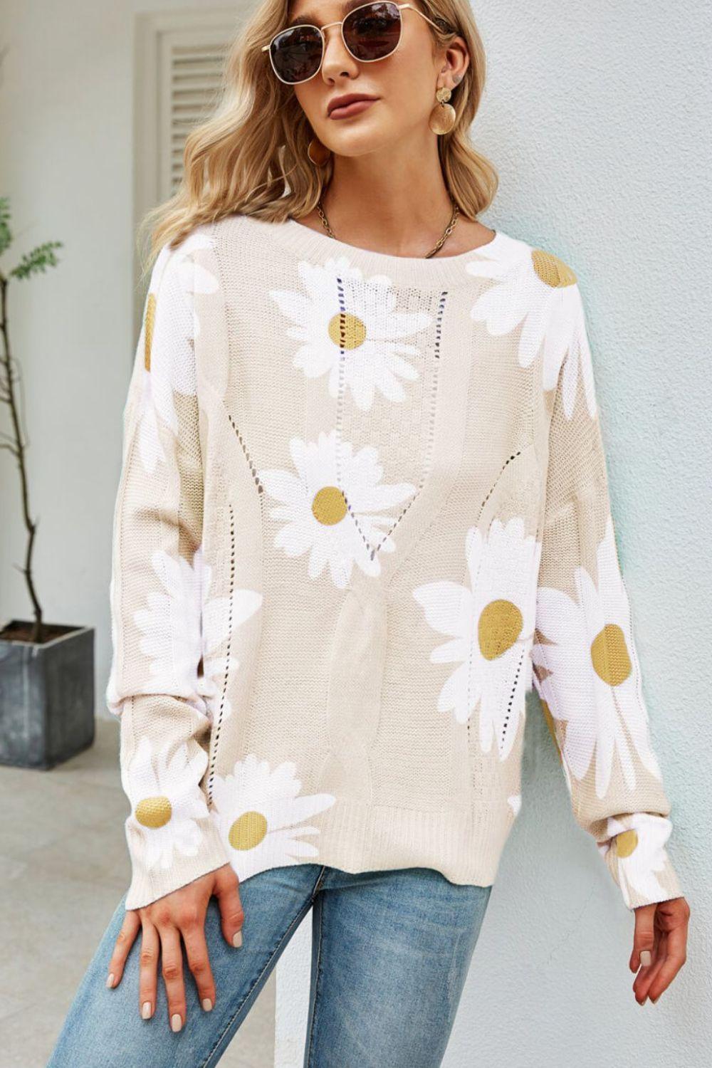 Openwork Round Neck Ribbed Daisy Print Sweater - MXSTUDIO.COM