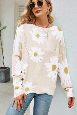 Openwork Round Neck Ribbed Daisy Print Sweater - MXSTUDIO.COM