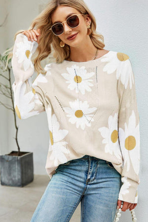 Openwork Round Neck Ribbed Daisy Print Sweater - MXSTUDIO.COM