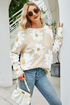 Openwork Round Neck Ribbed Daisy Print Sweater - MXSTUDIO.COM