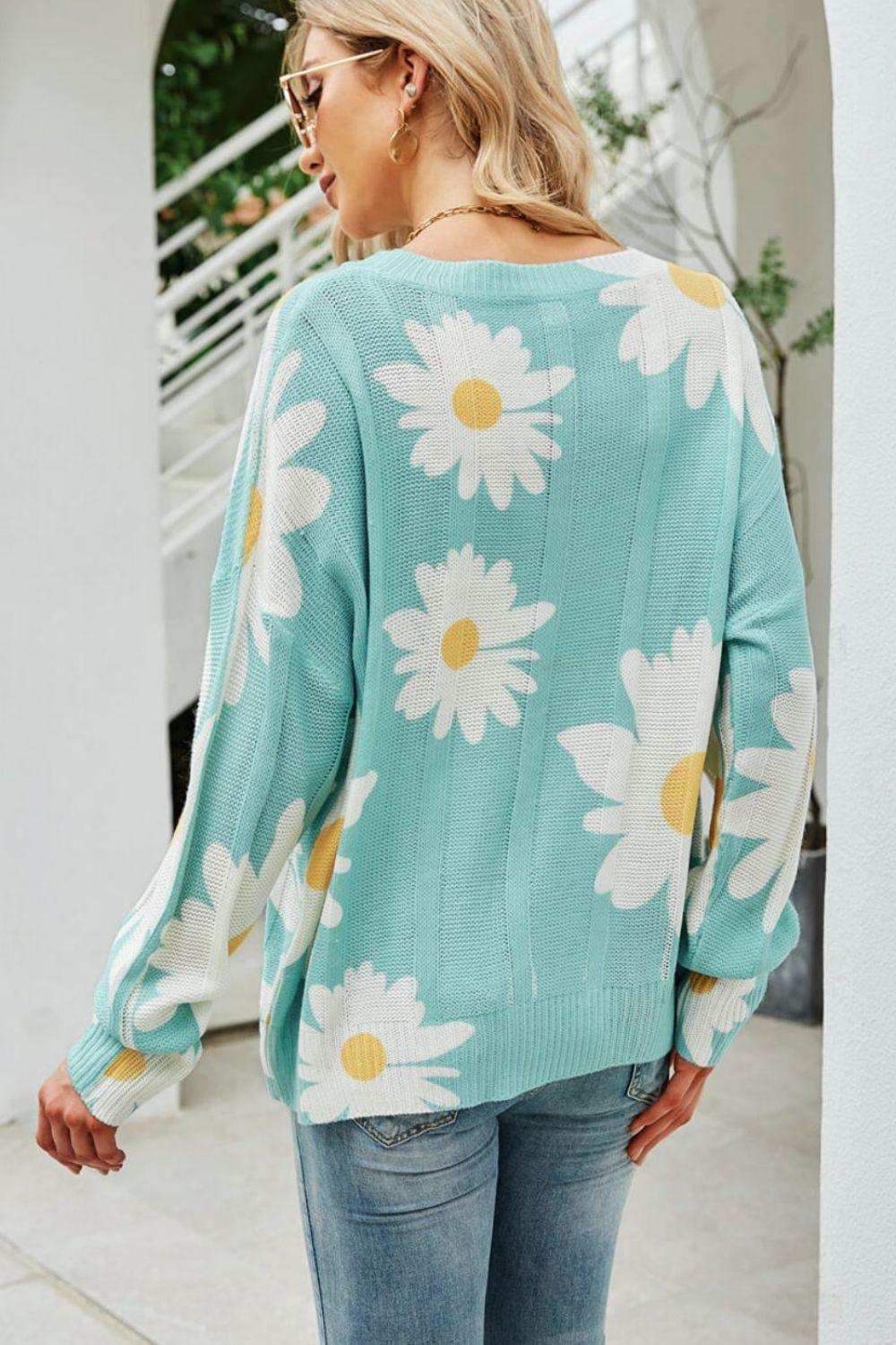 Openwork Round Neck Ribbed Daisy Print Sweater - MXSTUDIO.COM
