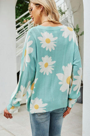 Openwork Round Neck Ribbed Daisy Print Sweater - MXSTUDIO.COM