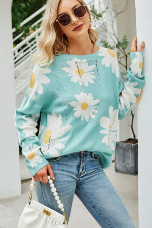 Openwork Round Neck Ribbed Daisy Print Sweater - MXSTUDIO.COM