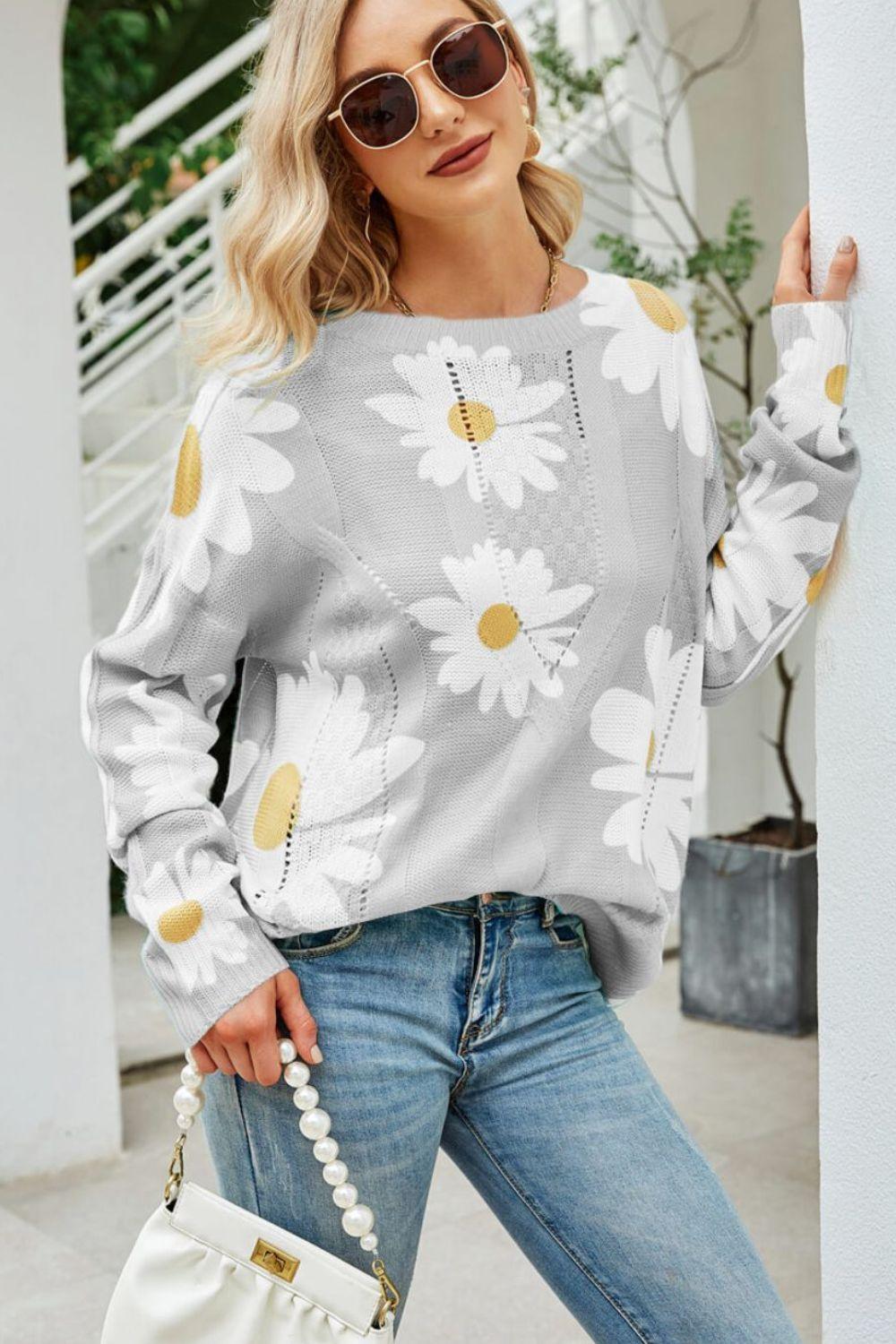 Openwork Round Neck Ribbed Daisy Print Sweater - MXSTUDIO.COM