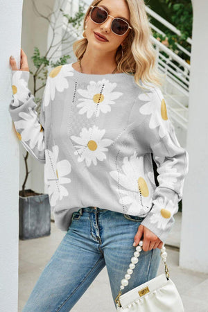 Openwork Round Neck Ribbed Daisy Print Sweater - MXSTUDIO.COM