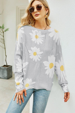 Openwork Round Neck Ribbed Daisy Print Sweater - MXSTUDIO.COM