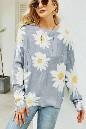 Openwork Round Neck Ribbed Daisy Print Sweater - MXSTUDIO.COM