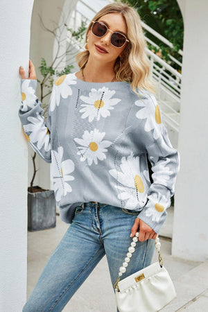 Openwork Round Neck Ribbed Daisy Print Sweater - MXSTUDIO.COM