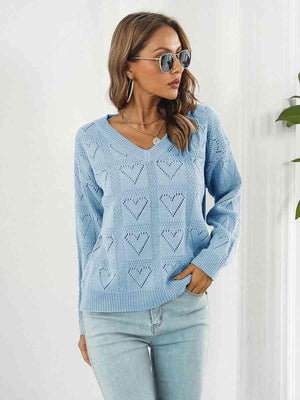 Openwork V-Neck Heart Sweater - MXSTUDIO.COM