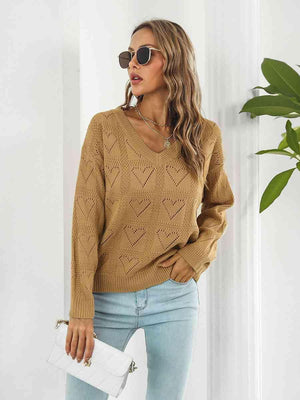 Openwork V-Neck Heart Sweater - MXSTUDIO.COM