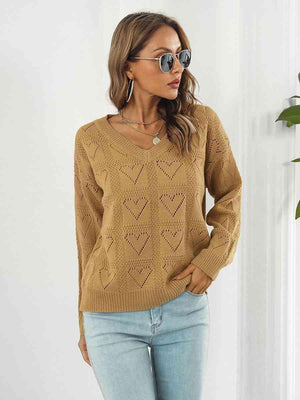 Openwork V-Neck Heart Sweater - MXSTUDIO.COM