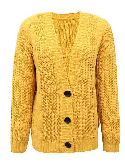 a yellow cardigan sweater with buttons on the front