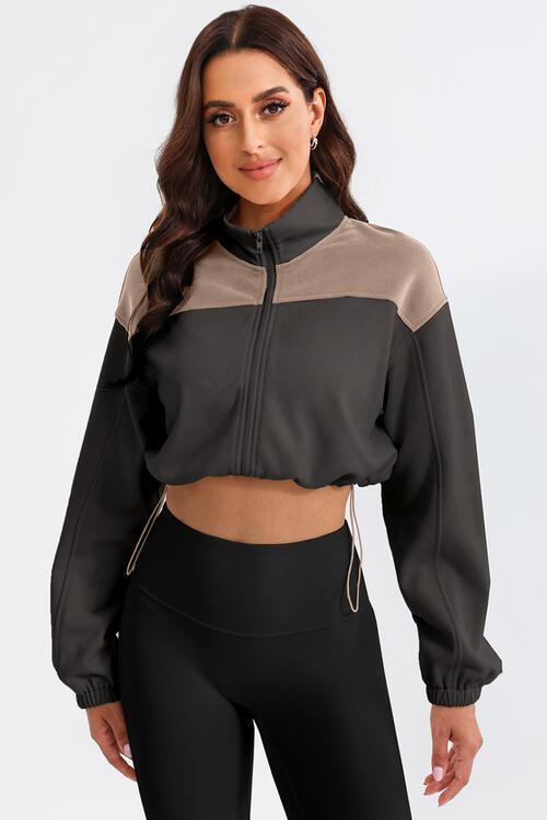 Outdoor Warmth Drawstring Hem Cropped Zip Up Jacket-MXSTUDIO.COM