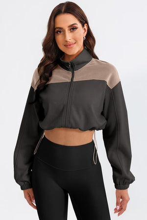 Outdoor Warmth Drawstring Hem Cropped Zip Up Jacket-MXSTUDIO.COM