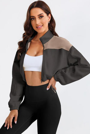 Outdoor Warmth Drawstring Hem Cropped Zip Up Jacket-MXSTUDIO.COM