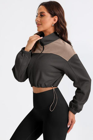 Outdoor Warmth Drawstring Hem Cropped Zip Up Jacket-MXSTUDIO.COM