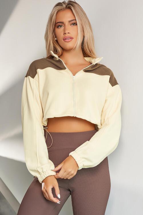 Outdoor Warmth Drawstring Hem Cropped Zip Up Jacket-MXSTUDIO.COM