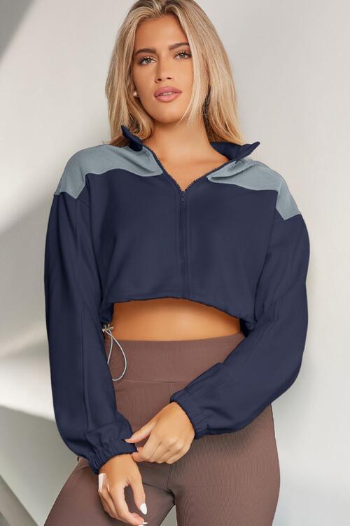 Outdoor Warmth Drawstring Hem Cropped Zip Up Jacket-MXSTUDIO.COM