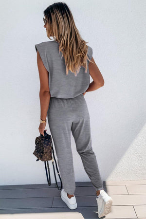 Padded Shoulder Top And Joggers Gray Lounge Set - MXSTUDIO.COM