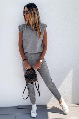 Padded Shoulder Top And Joggers Gray Lounge Set - MXSTUDIO.COM
