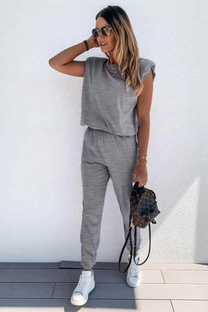 Padded Shoulder Top And Joggers Gray Lounge Set - MXSTUDIO.COM