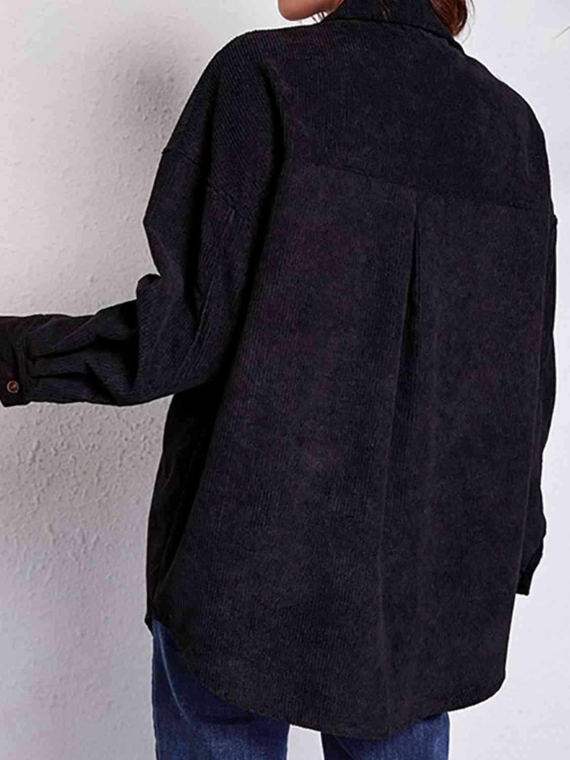 Patch Pockets Buttoned Black Shirt Jacket-MXSTUDIO.COM
