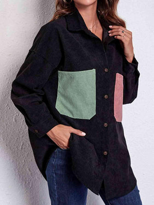 Patch Pockets Buttoned Black Shirt Jacket-MXSTUDIO.COM