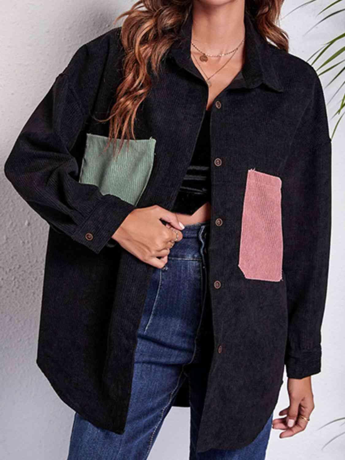 Patch Pockets Buttoned Black Shirt Jacket-MXSTUDIO.COM