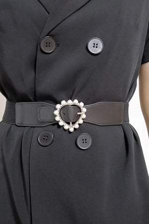 Pearl Accent Heart Buckle Wide Stretch Waist Belt - MXSTUDIO.COM