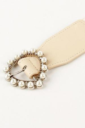 Pearl Accent Heart Buckle Wide Stretch Waist Belt - MXSTUDIO.COM