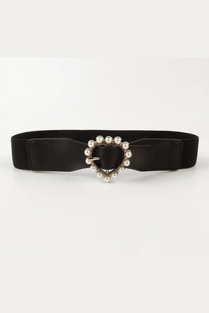 Pearl Accent Heart Buckle Wide Stretch Waist Belt - MXSTUDIO.COM
