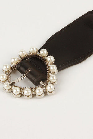Pearl Accent Heart Buckle Wide Stretch Waist Belt - MXSTUDIO.COM