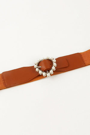 Pearl Accent Heart Buckle Wide Stretch Waist Belt - MXSTUDIO.COM