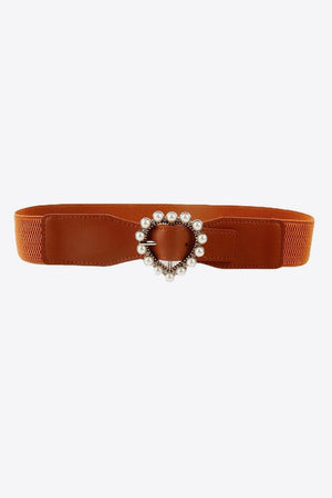 Pearl Accent Heart Buckle Wide Stretch Waist Belt - MXSTUDIO.COM