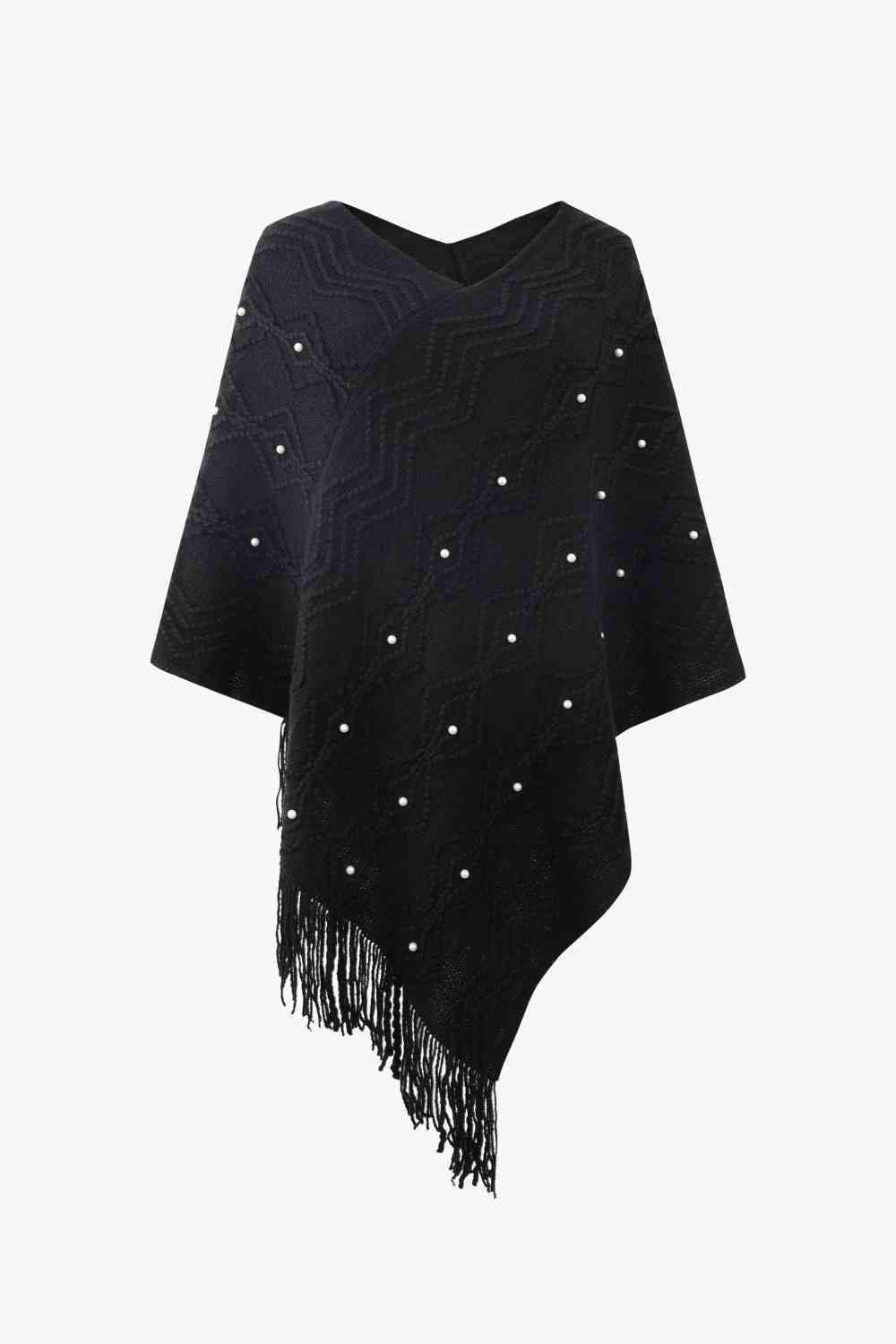 Pearl Embellished V-Neck Fringe Poncho - MXSTUDIO.COM