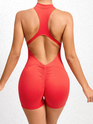 the back of a woman in a red bodysuit