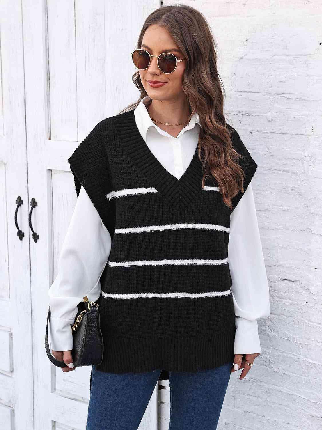 Perfect Layer V-Neck Striped Sweater Vest - MXSTUDIO.COM