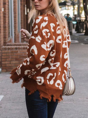 Perfectly Imperfect Leopard Distressed Knit Sweater-MXSTUDIO.COM