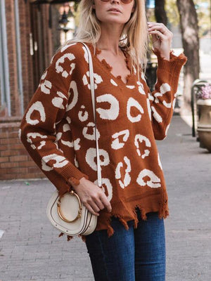 Perfectly Imperfect Leopard Distressed Knit Sweater-MXSTUDIO.COM