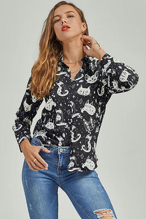 Pet Lover Button Up Long Sleeve Cat Print Shirt - MXSTUDIO.COM