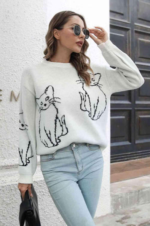 Pet Lover Knitted Crew Neck Cat Sweater - MXSTUDIO.COM